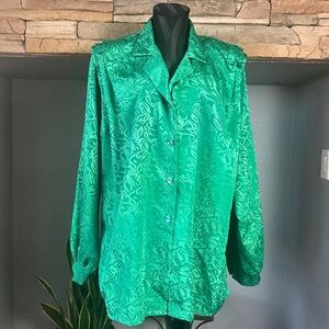 VTG Orare Holiday Party Pleated Satin Top Christmas Teacher Holly Print Green 16